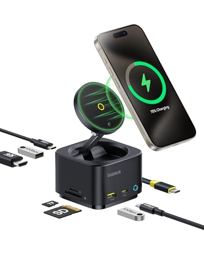 Baseus Stazione di Ricarica USB C Magsafe, Caricatore Wireless 7 in 1 da 15 W per Magsafe, Hub USB C con 4K@60Hz HDMI,...