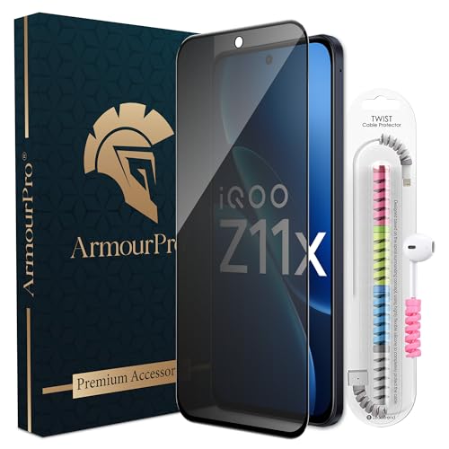 Image of ArmourPro Privacy Tempered Glass for IQOO Z11x / Vivo T5x, Anti Spy Anti Peeping Screen Protector, Edge-to-Edge Full Coverage, 9H Hardness with Cable Protector | Black