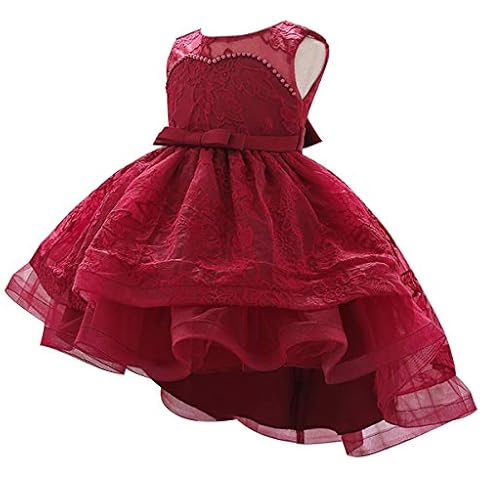 HOIZOSG Baby Girls Embroidered Christening High Low Dress Lace Pageant Baptism Wedding Birthday Party Bowknot Tutu Gown Deep Red 6-9 Months Cover