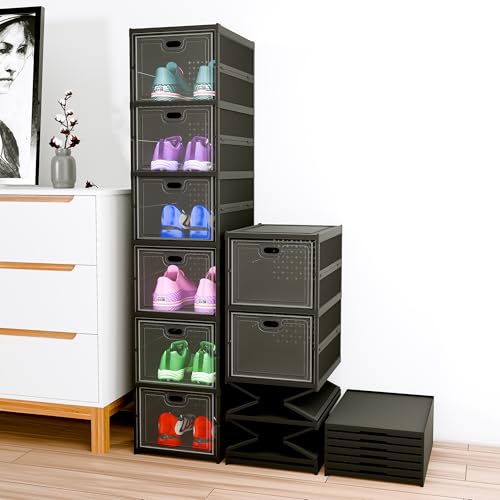 Kuber Industries Plastic 6 Layer See Through Foldable Closed Shoes Racks for Home | Shoe Boxes Storage/Sneaker Shoe Box Stand | Organizer for Wardrobe | Collapsible Shoe Rack Storage | Matte Black