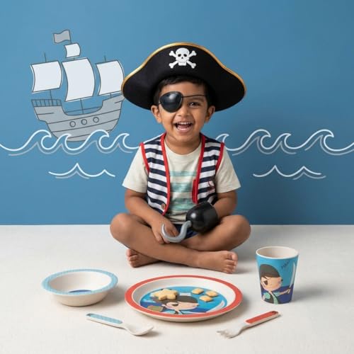 Image of Bamboo Kids Feeding Set of 5 |Kids Crockery Set Tableware |Baby Utensils and Dishes Set | Eco-Friendly |Organic & Natural (Playful Pirate)