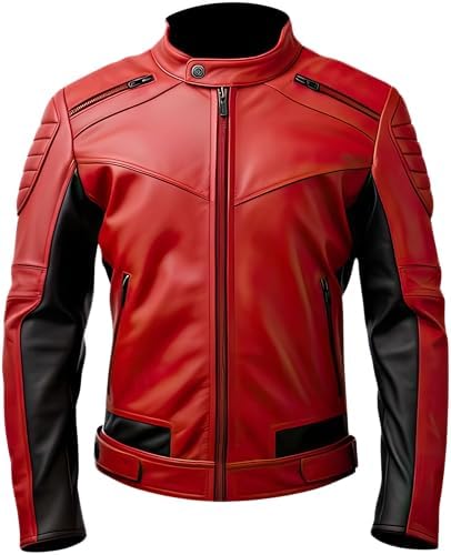 Men’s Leather Red Biker Jacket, Stand Collar, Knife Shoulders, Zi...