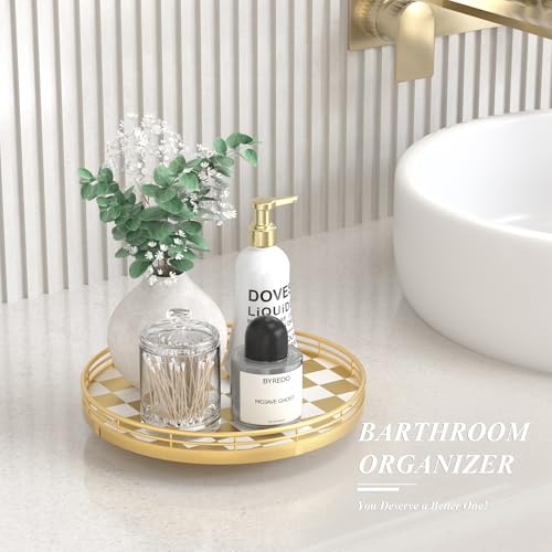 Image of Gold Decorative Vanity Tray, 10 Inch Rotating Lazy Susan Perfume Tray with Metal Rail, Checkerboard Wood Organizer for Bathroom Counter, Dresser, Skincare, Jewelry and Makeup Display