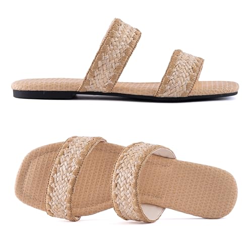 Image of Mtzyoa Women Flat Sandals Raffia Braided Summer Straw Dressy Casual Vacation Bohemian Cute Beach Comfy Slip On Slides