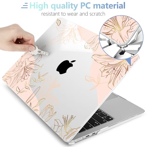 Image of MEEgoodo Case for M5 /M4 /M3 /M2 MacBook Air 13 inch 2026 2025 2024 2022, Fit Model A3449 /A3240 /A3113 /A2681, Case Compatible with MacBook Air 13.6-inch, Gold Flowers Lilies