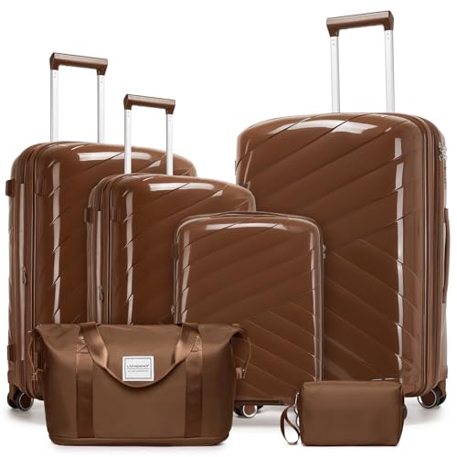 Image of 6 Piece Luggage Set Carry on Suitcase with Spinner Wheels, Expandable Hardshell Luggage PP Lightweight Suitcase Set for Women(32 /28 /24 /20in Mocha)