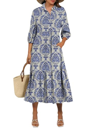 ANRABESS Women Summer Dress 2025 3/4 Puff Sleeve Polo V Neck Floral Print Casual Boho Shirt Maxi Dress Beach Vacation Clothes