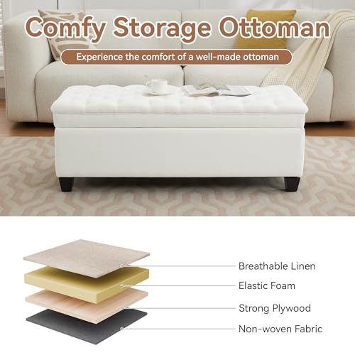 Image of WUTUTUEE 50 inch Fabric Storage Ottoman Bench, Upholstered Rectangle End of Bed Storage Ottoman Tufted Living Room Bedroom Bench with Safety Hinge, Solid Wood Legs, Loads 500 lb(Beige)