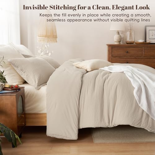 Image of PHF Cotton Muslin Comforter Set King, Ultra Soft Breathable, Natural