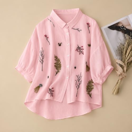 Image of Gufrina Women Designer Botanical Embroidered Korean Style Shirt | Button Down Relaxed Fit | High Low Hem Three Quarter Sleeve | Casual Smart Top-Shirt