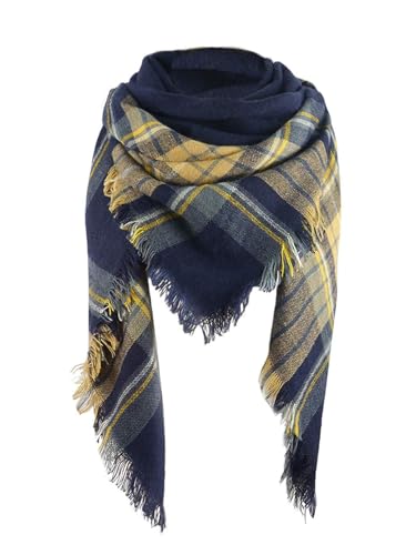 American Trends Fall Gifts for Women Winter Scarf Tassel Large Plaid Scarf Christmas Gifts Soft Warm Oversized Blanket Wrap Shawl Yellow Navy