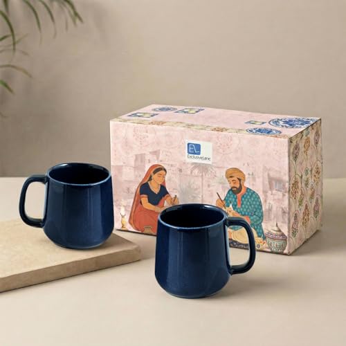 Image of ExclusiveLane 'Mariana Blues' Hand Glazed Ceramic Coffee Mug Ceramic Mugs for Milk Chai Tea Cup (Set of 2, 340 ML, in Gift Box, Microwave Safe, Dishwasher Safe)