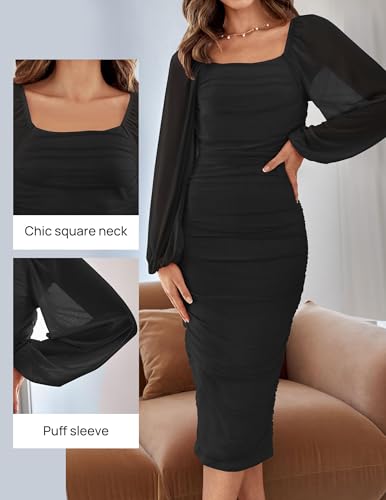 ZESICA Women's Sexy Ruched Bodycon Midi Dress Long Puff Sleeve Square Neck Backless Cocktail Party Wedding Dresses3