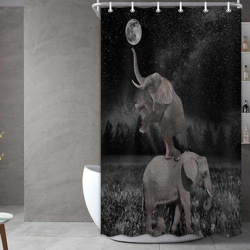 Image of Boziqr Funny Shower Curtains for Bathroom, Cute Elephant Moon Forest Bath Curtain, Rustic Farmhouse Decor Polyester Fabric Fun Cool Animals Black 36 x 70 Inches