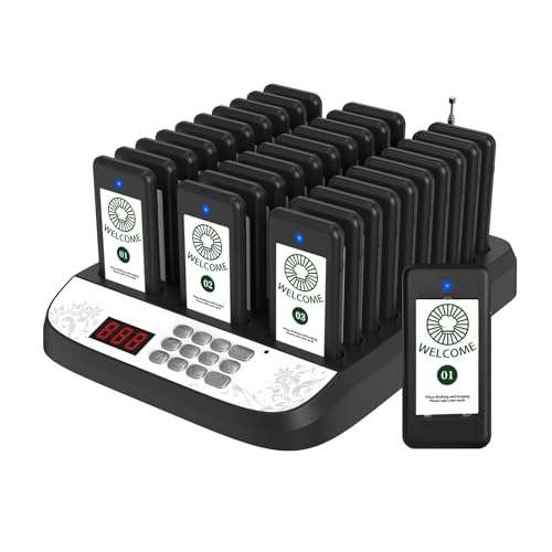 Vexorium Pager Rufsystem Gastronomie 500 m Restaurant Pager System mit 30 Gäste-Pagern Vibration LED-Blinklicht und Piepton Kundenrufsystem für Restaurants Imbisswagen Cafés und Bars