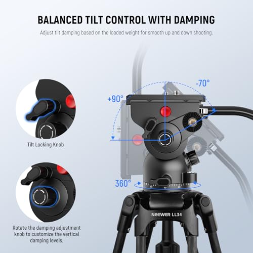 Image of NEEWER LL34 78 inch Video Camera Tripod One Step Quick Release with Adjustable Damping Fluid Head, Heavy Duty Carbon Fiber Tripod with Dual Mode QR Plate, Max Load 22lb