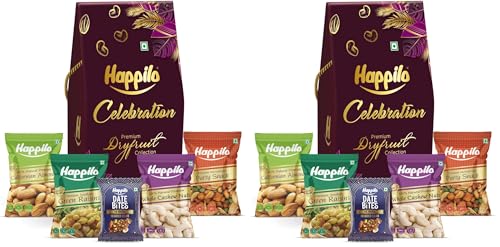 Image of Happilo Premium Diwali Gift Pack with 8 Inclusions | Evil Eye Thread, Almond, Cashew, Raisin, Date Bite, Snack, Roli Chawal & Card, Dry Fruits DOVE Gift Box (Pack of 2)