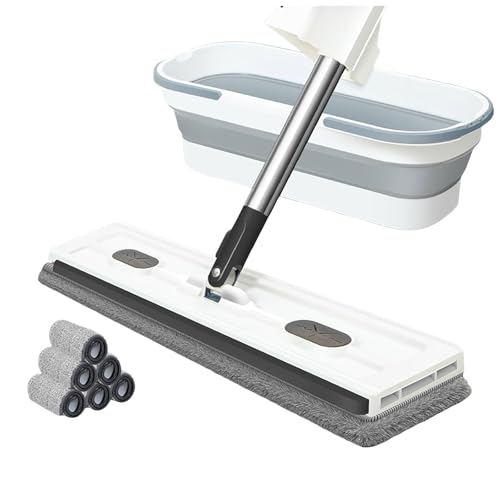 Trapeador plano grande, rotación de 360° más juego de fregona plana y cubo, mopa plana grande para mojar y secar con 6 almohadillas de microfibra reutilizables y lavables, para ventanas de madera dura