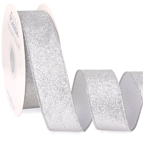 Ribbli Silver Glitter Wired Ribbon with Metallic Edge Christmas Ribbon for Wreath Christmas Tree Decoration Gift Wrapping Home Decor 1-1/2 Inch x 20 Yards