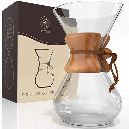 Pour Over Coffee Maker Hand Blown Glass - Classic 6 Cup Hand Drip Brewer - Strong Borosilicate Carafe, Easy Clean and Better Tasting Coffee