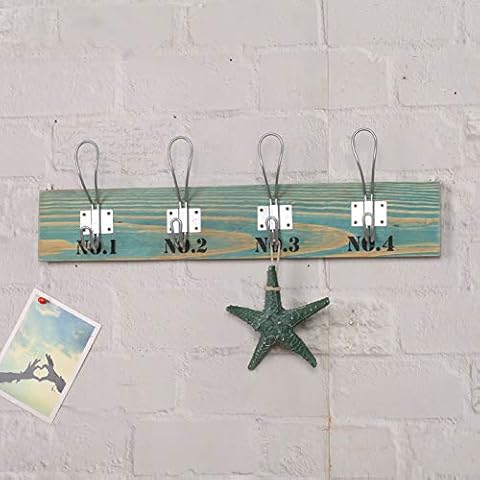 Ablerhome Decoration Rustic Wood Coat Hook Wall Mount 4 Storage Hangers Clothes Hats Towel Rail Rack DIY Self Assembly Required (Blue Hook) Cover