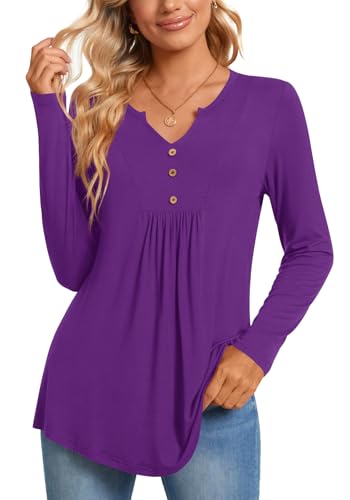 Kissfix Women's Long Sleeve Henley Top - Ribbed Knit Tunic Blouse For Fall, Purple, Large - View #9