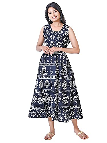 Image of Women's Cotton Printed Traditional Long Midi Maxi Kurti /One Piece Dress (Black Flower)