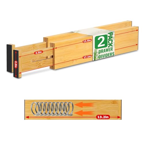 Dresser Drawer Dividers for Organizing Clothes, 2 Pack 13-17” Adjustable Bamboo Organizers for Sock Drawers, Wooden Separators with Foam Ends for Nursery Organization, Kitchen Utensils, Bedrooms
