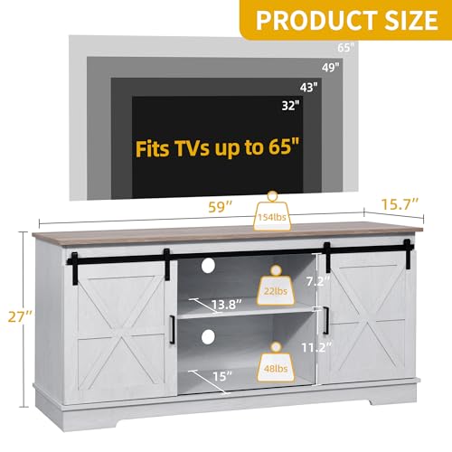 DWVO Farmhouse TV Stand for 55/60/65 Inch TVs, Entertainment Center with Storage Compartments & Sliding Doors, Media Console for Living Room and Gaming Area, Grey Wash &Grey White