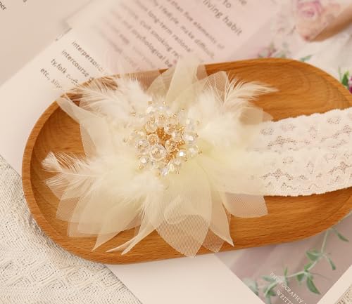 Bethynas Baby Girls Lace Feather Headband Beads Gauze Flower Elastic Toddler Hairband Birthday Party Princess Hair Accessories for Newborn Infant (White)3