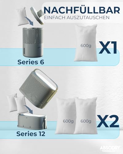 ABSODRY - Luftentfeuchter Nachfüllpack 8x600g - AbsoDry kompatibel - Verhindert Geruch & bindet Feuchtigkeit - Trockenmittelbeutel mit Granulat für Raumentfeuchter - Entfeuchter Nachfüllpack
