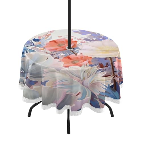 Wajiw 60 Inch Indoor Outdoor Round Tablecloth with Umbrella Hole and Zipper Waterproof Patio Table Cover for Camping Dining Room Party Outdoor Picnic,Flowers