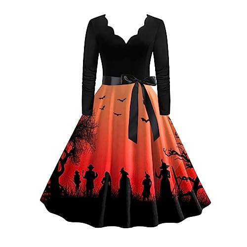 50er Rockabilly Petticoat Kleid Damen Gothic Totenkopf Rosendruck Partykleid Halloween Kostüm Langärmliges V-Ausschnitt Ballkleid Swing...