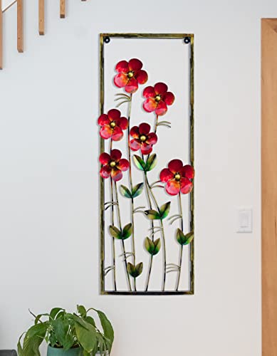 Image of iHandikart Verticle Metal Wall Art Red Flower Design 34 * 13 Inch | Large 3D Metal Wall Decor for Living Room | Modern Luxury Wall Hanging for Home, Bedroom, Hall | Designer Floral Wall Decoration