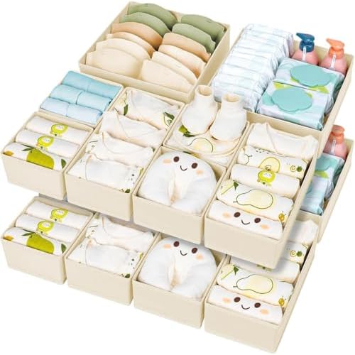 15 Pack Drawer Organizer Clothes – Foldable Baby Organizers and Storage & Closet Organizers for Bedroom, Closet – Nursery Organization Dresser Dividers for underwear, Sock,Bra, Belt, Tie, Beige