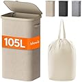 Lifewit 105L Laundry Basket with Lid, Large Laundry Hamper with Plastic Handles and Removable Bag, Foldable Tall Dirty Clothes Hampers for Laundry for Laundry Room, Bedroom, Bathroom, Dorm, Beige