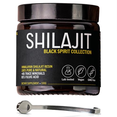 Shilajit del Himalaya 100G + Cuchara incluida | Resina Pura | 85% de ácido fúlvico, Alta Concentración | Vegano, sin OGM, sin Aditivos | Probado en Laboratorio