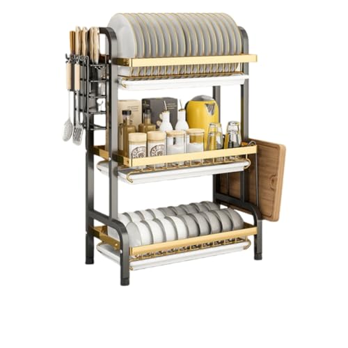 GEGEBOMTXO 水切りラック 食器水切り 2段/3段 ッチンドレンラック 水切りかご キッチン収納ラック 食器水切り器 台所用品ホルダ 大容量 省スペース 組み立て簡単 箸立て 包丁スタンド まな板立て 水受けトレー付き (ブラックゴールド,3層(4
