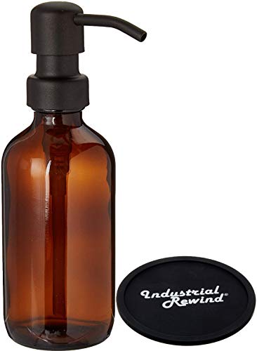 Amber Glass soap Dispenser Bottle with Matte Black Industrial Quality Metal Pump and Non Slip Coaster - Brown Glass 16oz