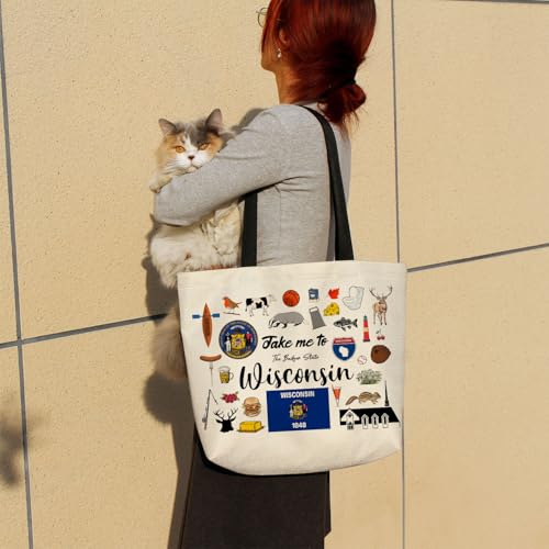 Take Me To Wisconsin Tote Bag Reusable Grocery Bags Aesthetic Shopping Shoulder Handbag with Interior Pocket Lightweight & Washable Stylish Wisconsin Travel Present for Women3