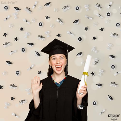 Image of Graduation Decorations 2026, Glitter Silver and Black Graduation Confetti - Pack of 300 | Graduation Hat, Star Confetti | Congrats Grad Confetti for 2026 Graduation Table Decorations, KatchOn