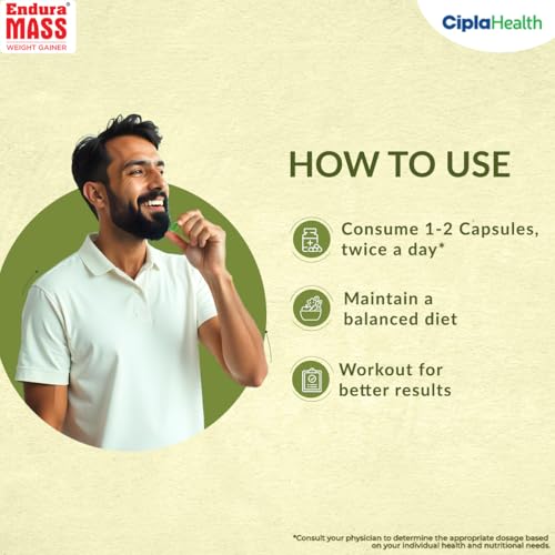 Image of Endura Mass Weight Gain Capsules 50 Capsules|Ayurvedic Weight Gainer For Improving Muscle Mass & Enhancing Strength|Made With AshwagAndha,Safed Musli,Shatavari|100% Natural For Men & Women|Pack Of 1