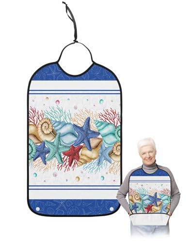 LEOKOTI Navy Blue Coastal Adult Bibs for Eating, Waterproof Bibs with Food Catcher & Snap Closure, Nautical Starfish Coral Shell Beach Ocean Washable Clothing Protectors Adult Bibs for Elderly