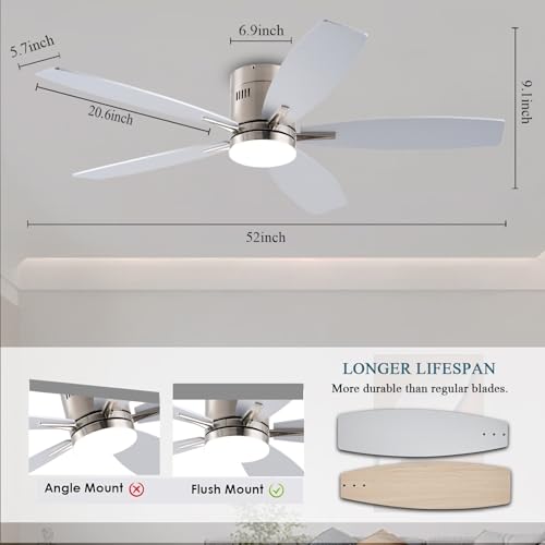 Image of Ayaoty Ceiling Fans with Lights, 52 inch Low Profile Indoor Ceiling Fan with Light and Remote Control, Dimmable, Noiseless, Reversible, Nickel Ceiling Fan for Bedroom, Indoor /Outdoor Use