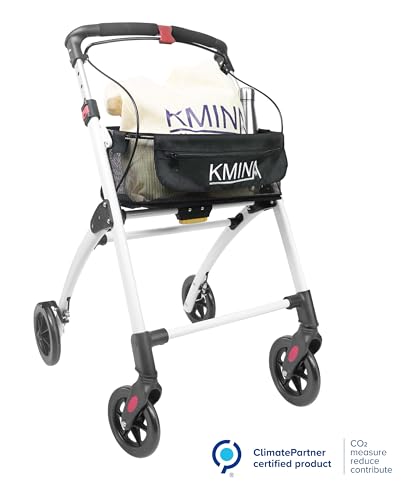 KMINA Rollator Schmal für Wohnung, Indoor Rollator Faltbar und Leicht mit Tablett, Mobilitätshilfe für Senioren aus Aluminium, Gehgestell mit Korb, Wendiger Wohnungsrollator - Modell PRO