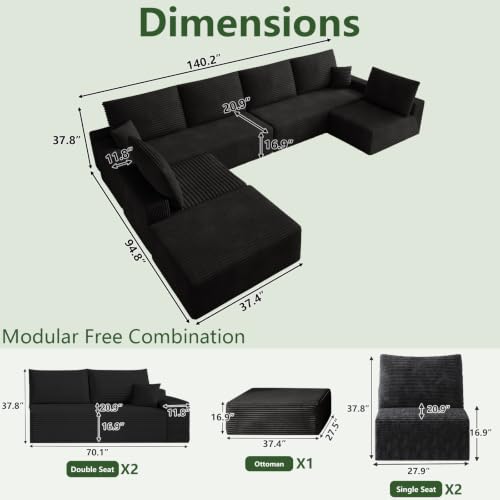 Image of Oversized Modular Sectional Sofa Couch, Large 7 Seater Corner Sofa Modern U Shaped Sectional Couch with Ottoman Cloud Couches for Living Room, Office, Spacious Space, Corduroy, No Assembly, Black