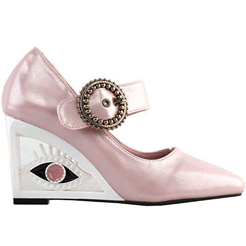 SHOW STORY Glittery Pink Buckle Mary-Jane Square-Toe Wedge Eye Shape Heels Pumps,LF10801