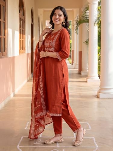 Image of INDO ERA Women's Pure Cotton Striped Printed Kurta & Pant with Dupatta Set