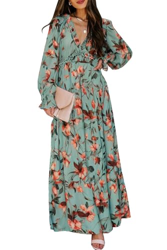 Image of BLENCOT Womens Casual Boho Floral Printed V Neck Long Sleeve Long Maxi Dress Spring Summer Dresses