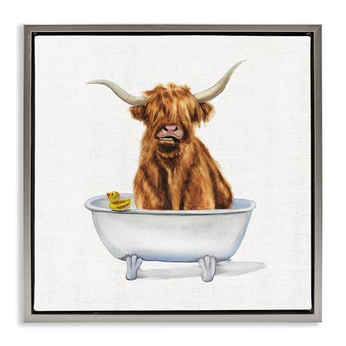 Image of Shaggy Country Cattle in Tub, 24 x 24 Inch Canvas in Floater Frame | Stupell Industries . By Donna Brooks . Ready to hang . Bathroom or farmhouse decor . Made in USA
